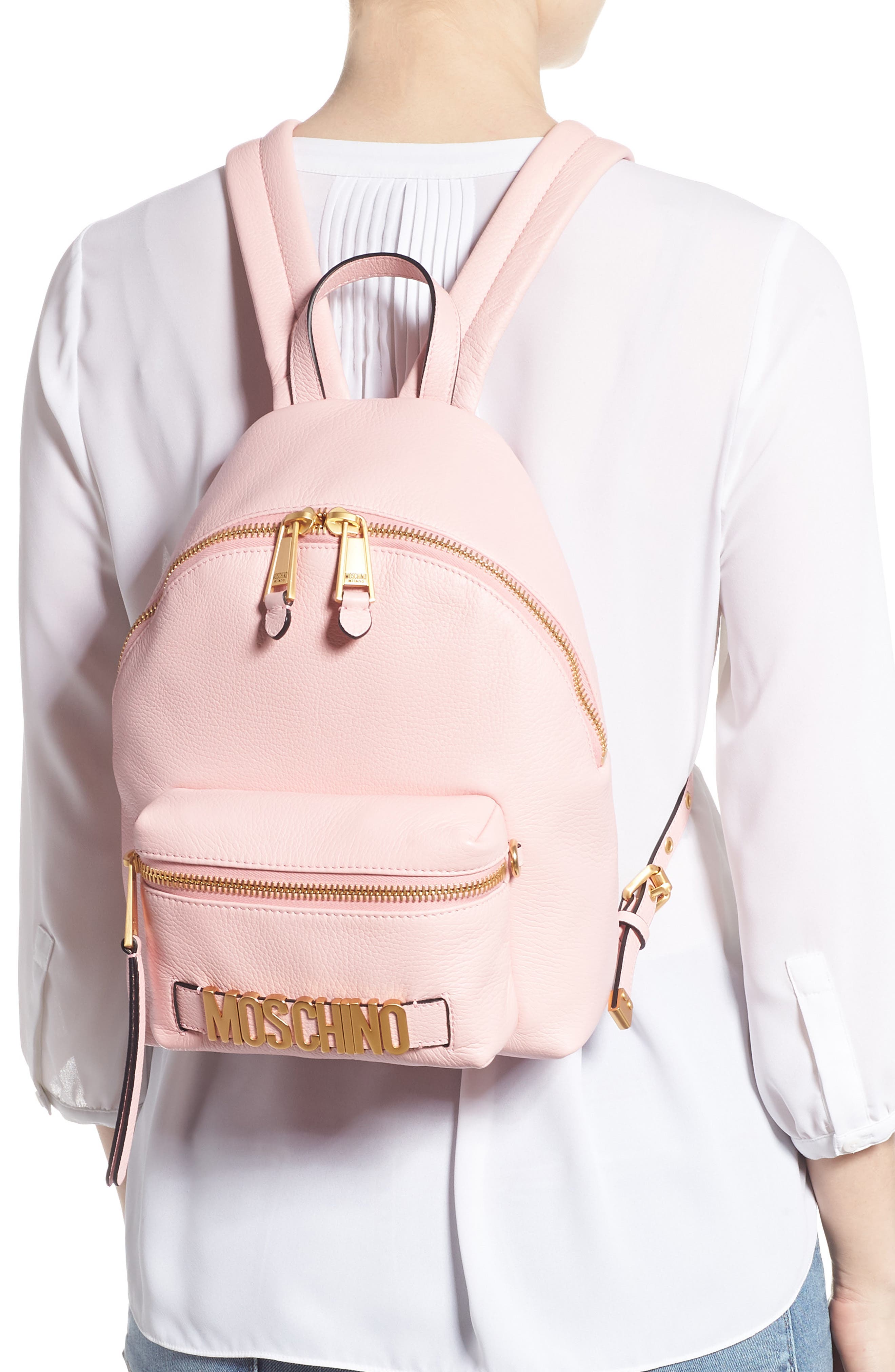 Moschino Logo Leather Backpack, Alternate, color, 