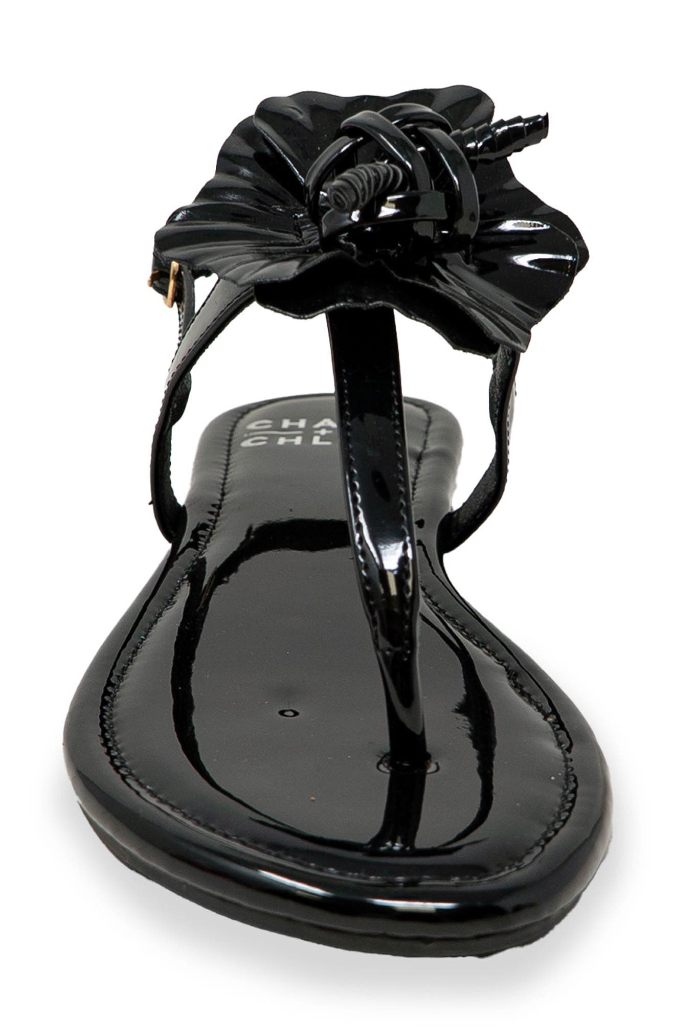 CHASE AND CHLOE Floral Post Toe Sandal, Alternate, color, Black Patent