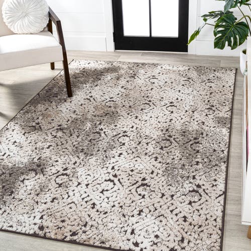 Jonathan Y Duenas High-low Shabby Damask Indoor/outdoor Area Rug In Cream/beige/dark Gray