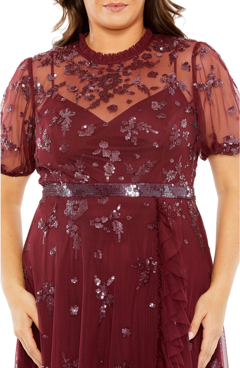 Mac Duggal High Neck Puff Short Sleeve Embellished Faux Wrap, Alternate, color, Bordeaux