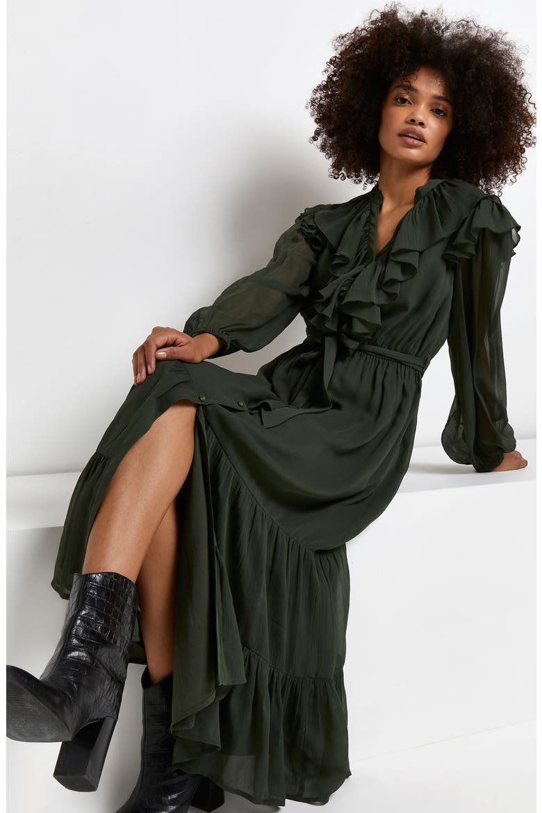 Ultimate Ruffle Tiered Hem Long Sleeve Dress, Alternate, color, KHAKI