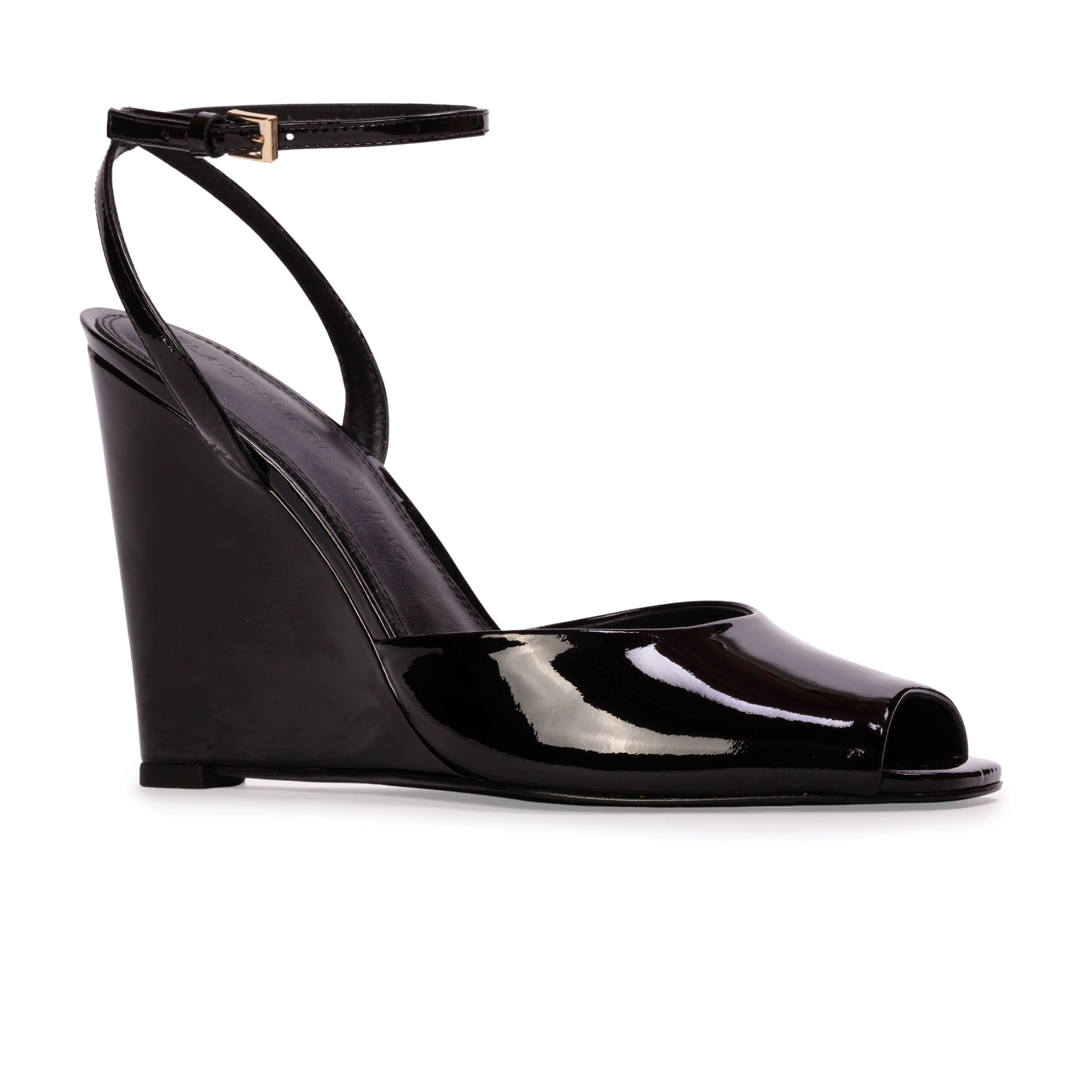 BLACK SUEDE STUDIO Idetta 100 Wedge  Sandal, Alternate, color, Black Patent Leather