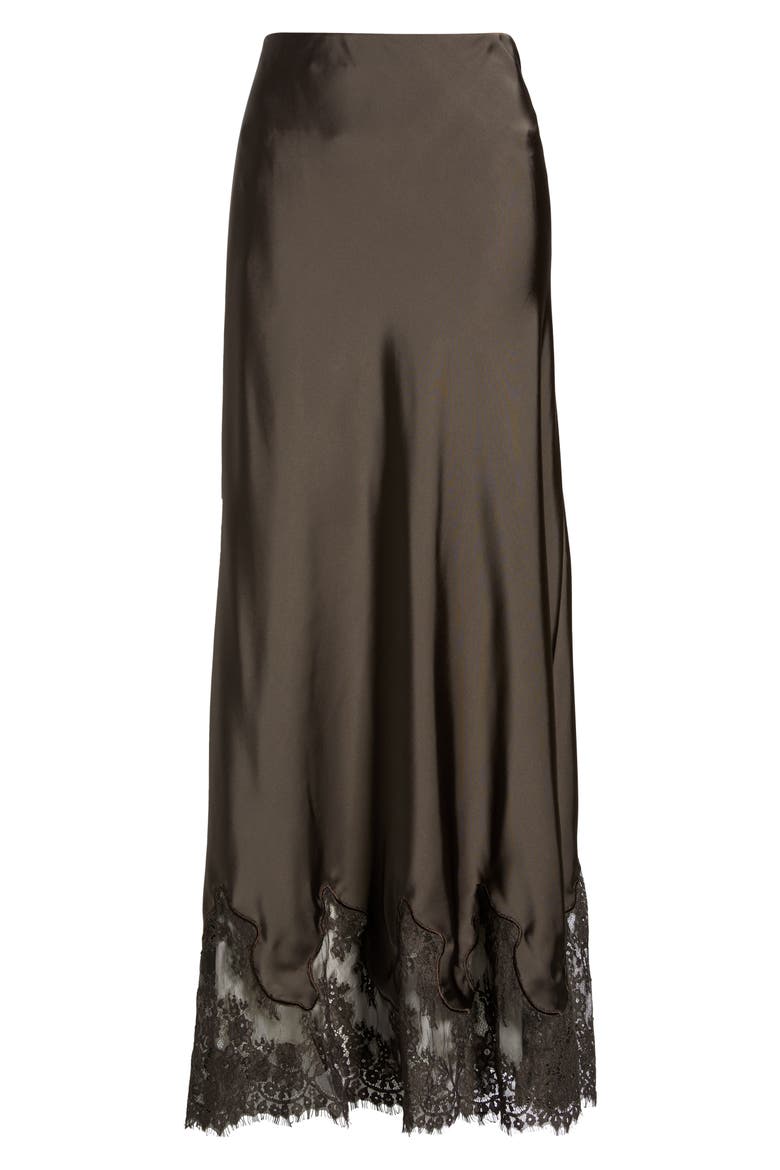 Alira Satin & Lace Midi Skirt, Alternate, color, BROWN