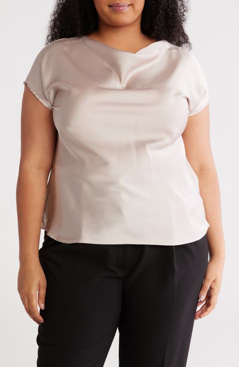 Cowl Neck Short Sleeve Satin Top (Plus)