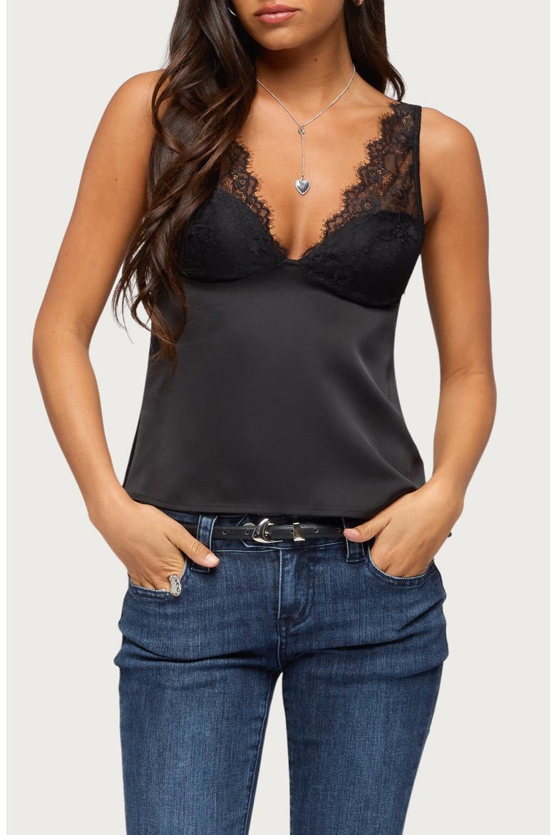 Vikkey Lace Trim Satin Tank, Main, color, BLACK
