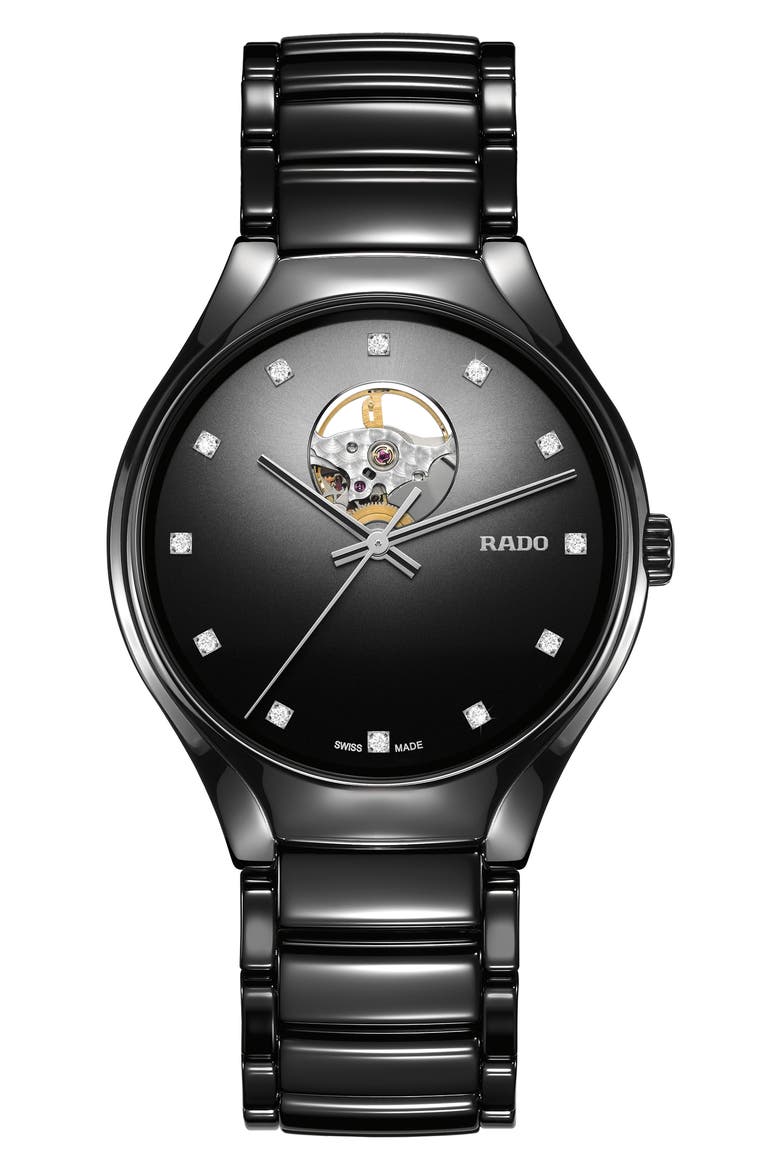 True Secret Diamond Ceramic Bracelet Watch, 40mm, Main, color, BLACK