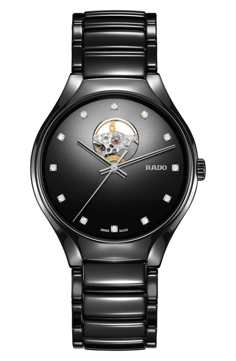 RADO True Secret Diamond Ceramic Bracelet Watch, 40mm, Main, color, Black