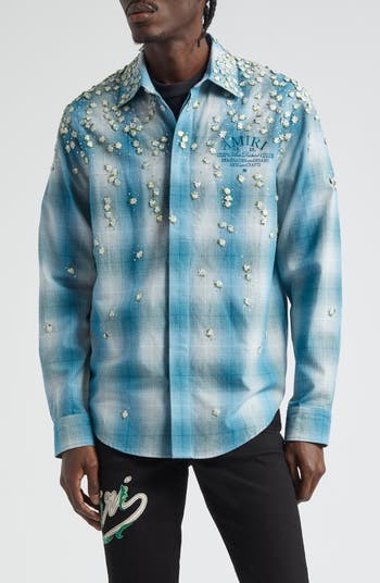 AMIRI Floral Crystal Embellished Plaid Flannel Button-Up Shirt