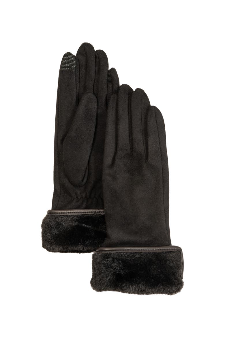Stretch Suede Fold-Up Faux Fur Cuff Gloves, Main, color, Black