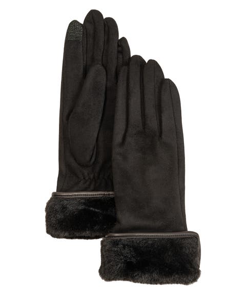Stretch Suede Fold-Up Faux Fur Cuff Gloves