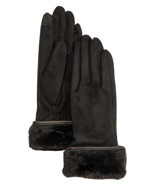 Echo Stretch Suede Fold-up Faux Fur Cuff Gloves In Black