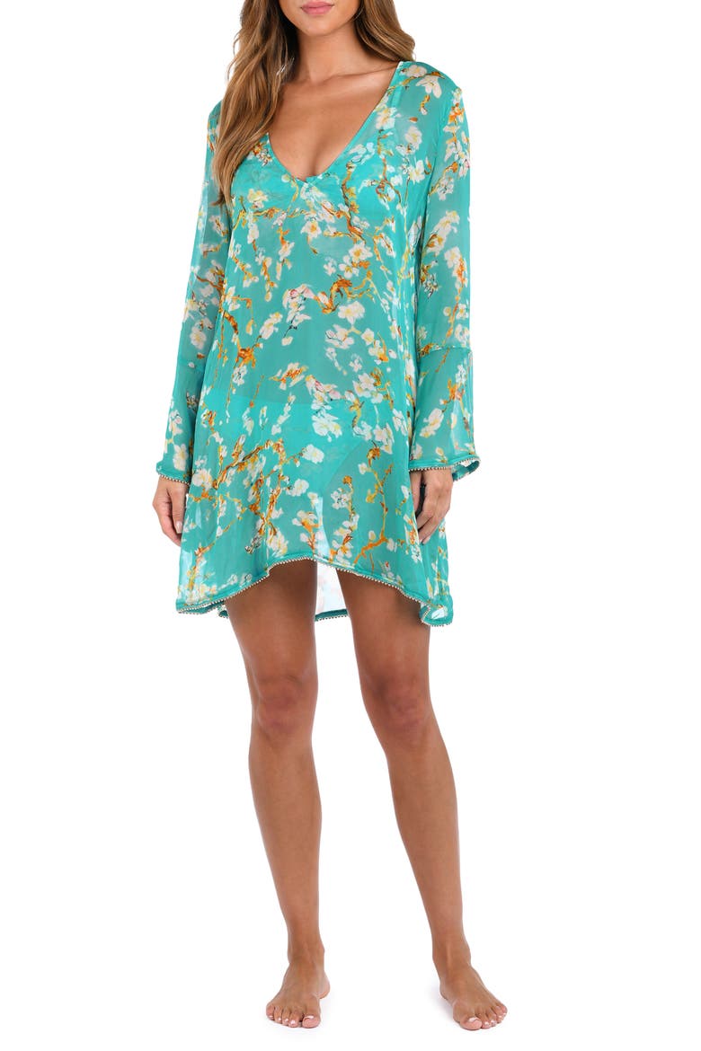 Ansley Cherry Long Sleeve Semisheer Cover-Up Dress, Main, color, AQUA