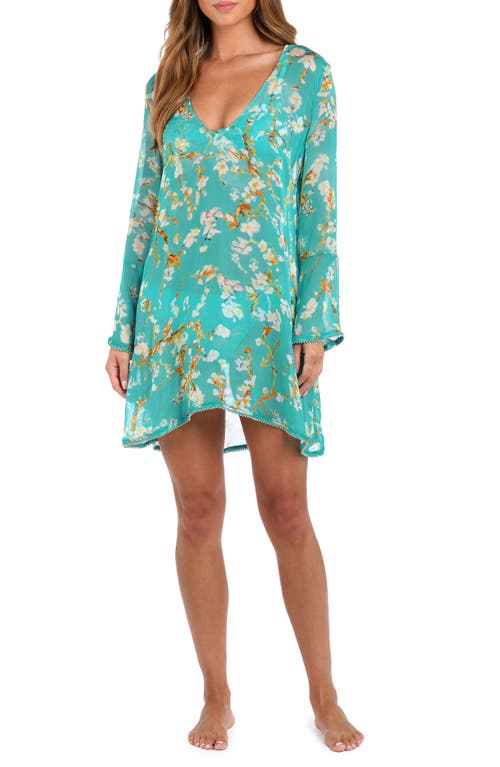 L Agence L'agence Ansley Cherry Long Sleeve Semisheer Cover-up Dress In Aqua
