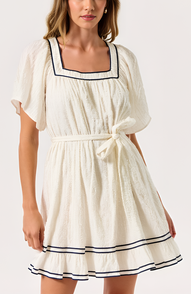 Modenaire Short-Sleeve Square-Neck Contrast Trim Mini Dress, Main, color, Ivory