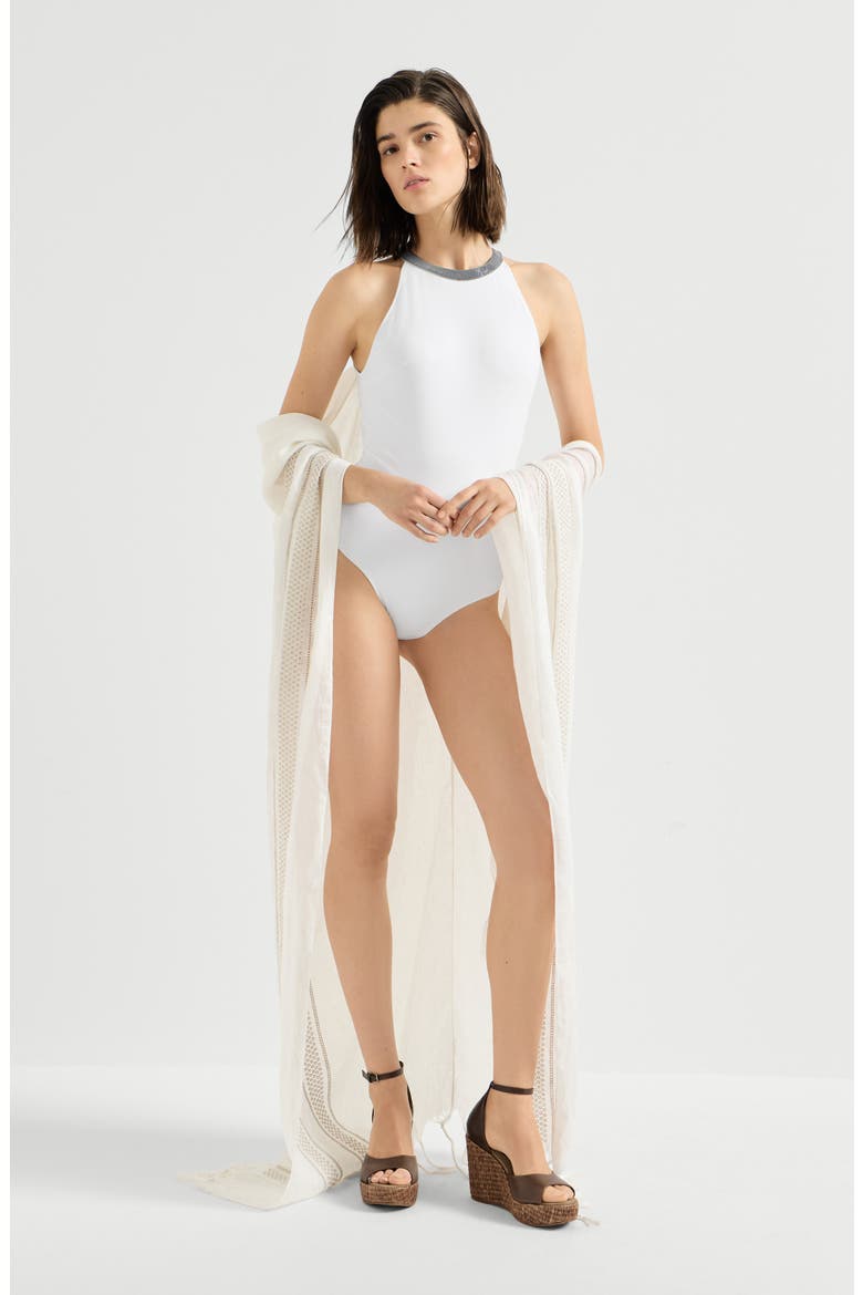 Techno jersey bathing suit with precious collar, Alternate, color, White