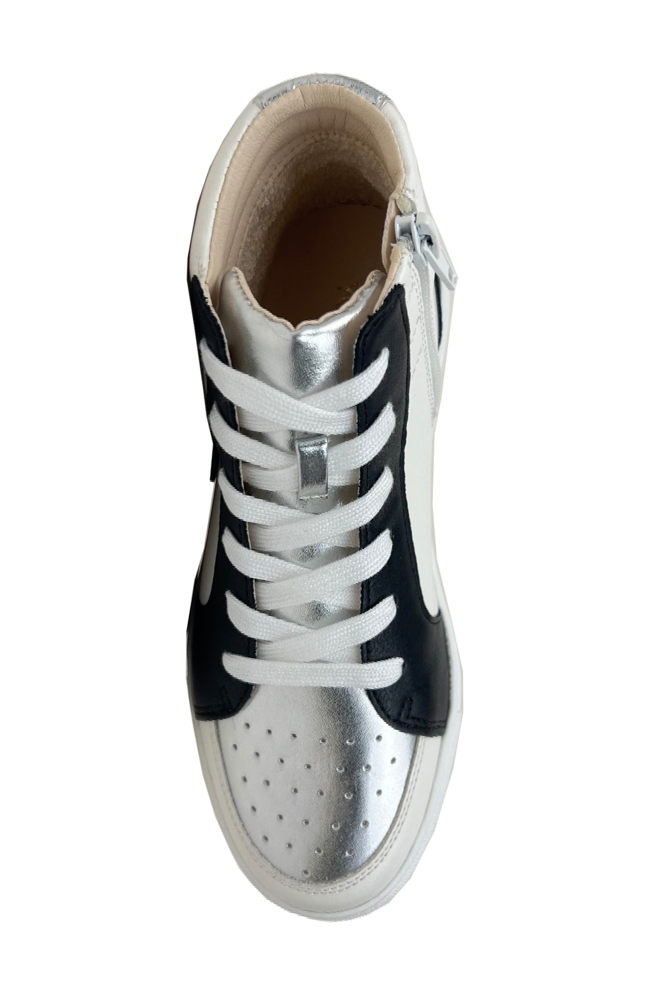 Yosi Samra Kids' Miss Hannah High Top Sneaker, Alternate, color, Black/ White-Silver Glitter