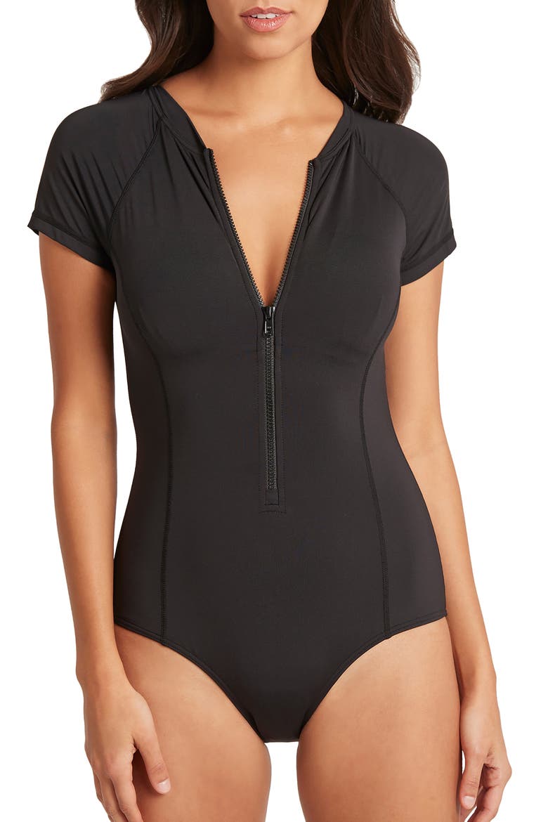 Front Zip One-Piece Swimsuit, Alternate, color, BLACK