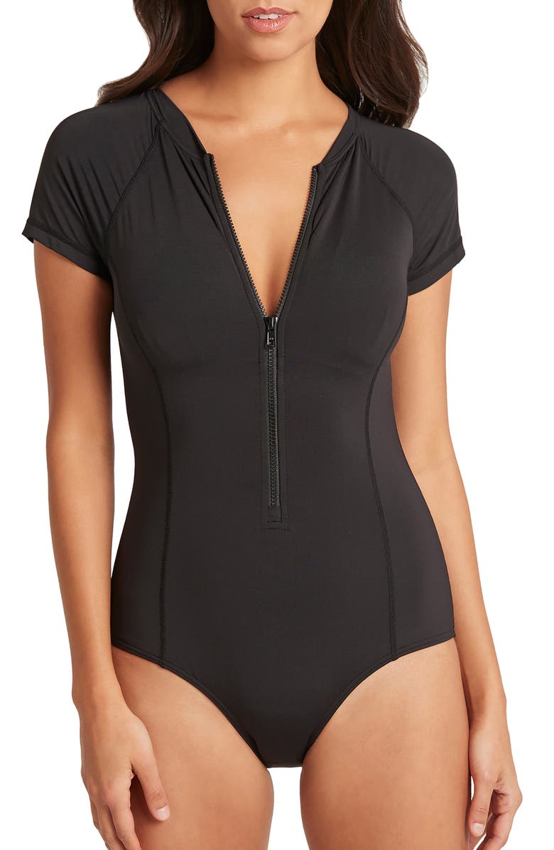 Sea Level Front Zip One-Piece Swimsuit, Alternate, color,