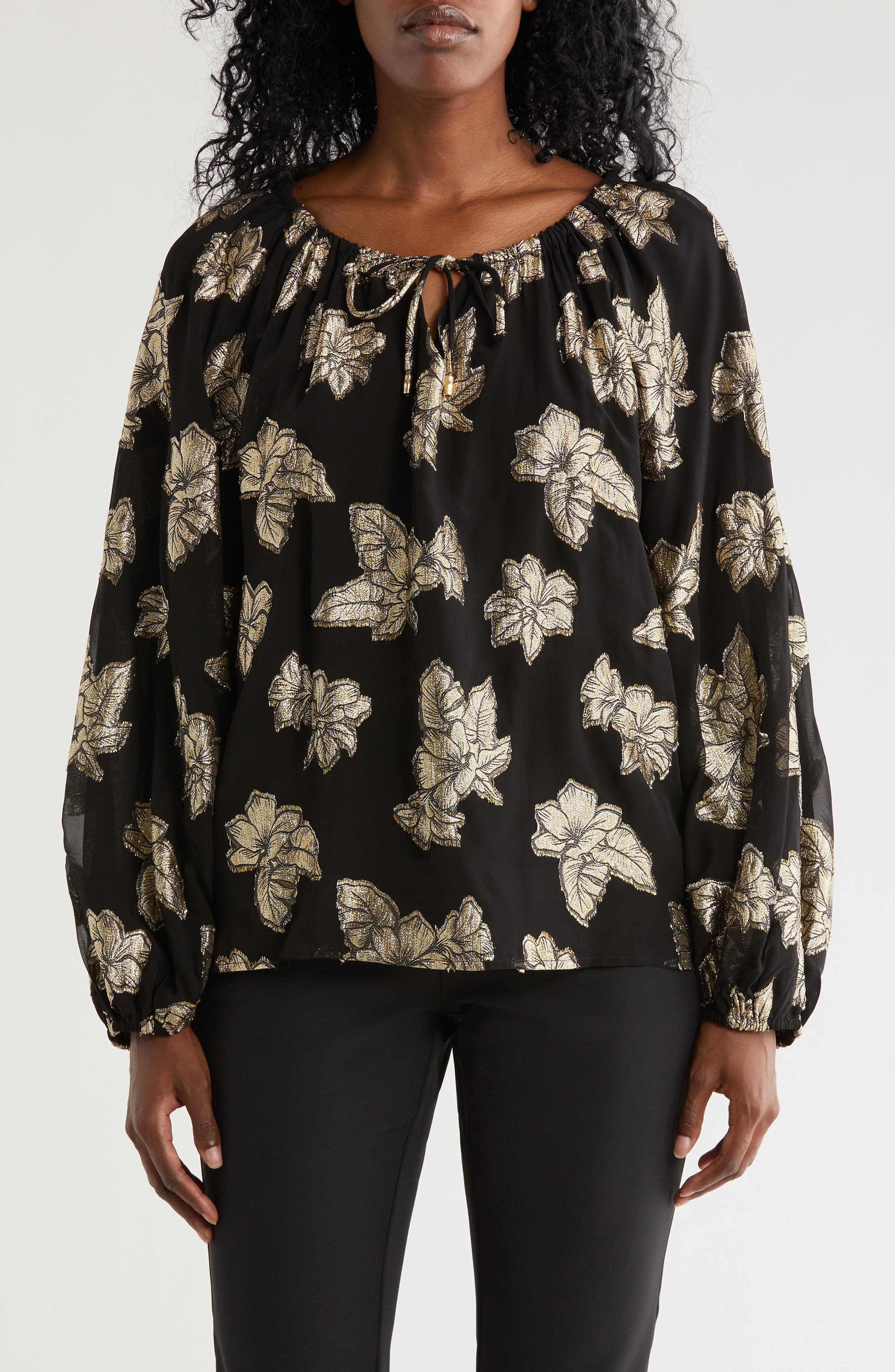Tommy Bahama Shimmering Shores Metallic Leaf Print Split Neck Top