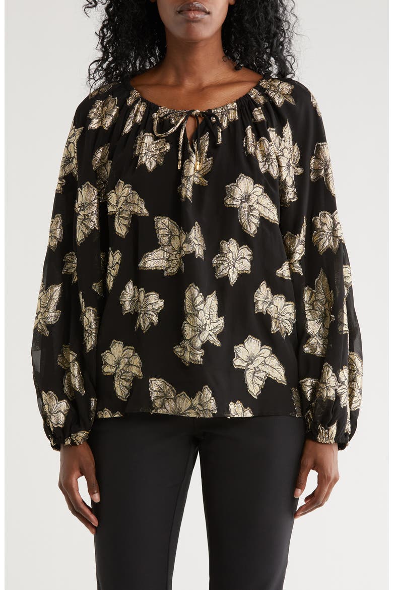 Shimmering Shores Metallic Leaf Print Split Neck Top, Main, color, BLACK