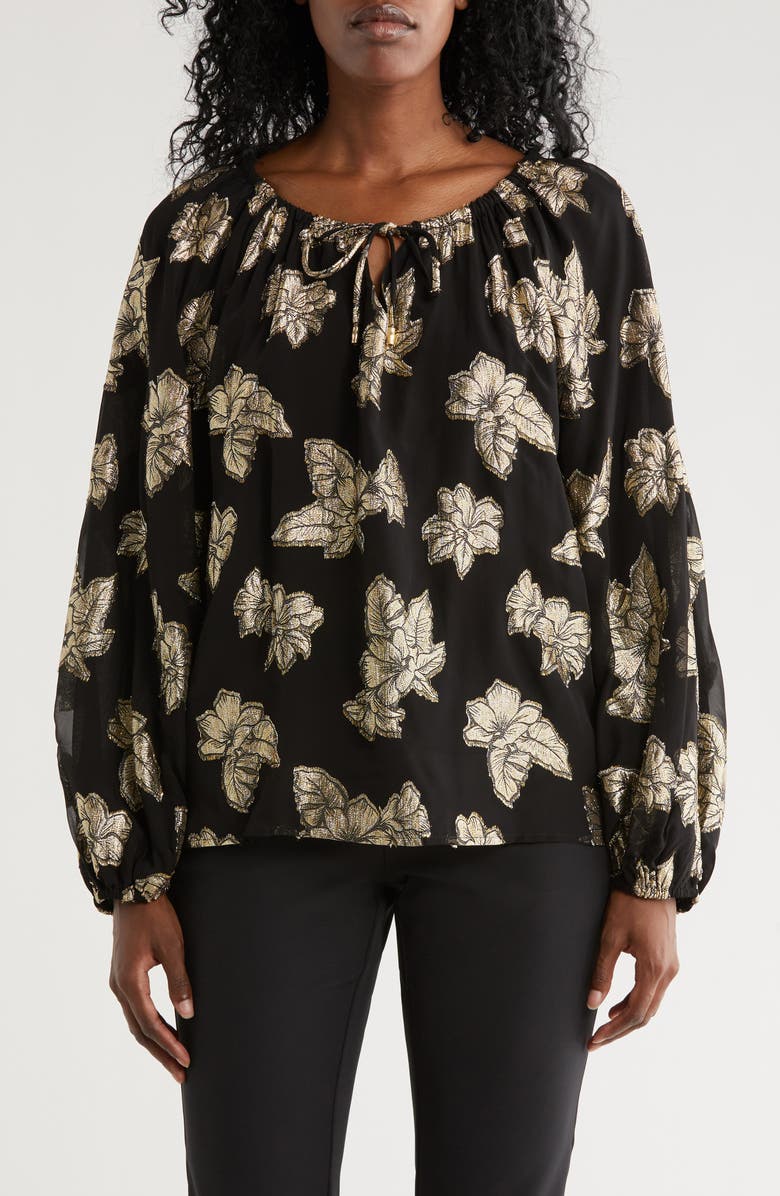 Tommy Bahama Shimmering Shores Metallic Leaf Print Split Neck Top, Main, color, Black