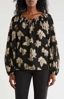 Tommy Bahama Shimmering Shores Metallic Leaf Print Split Neck Top