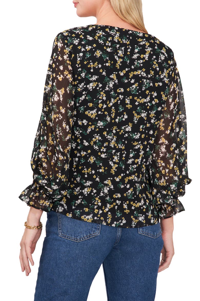 Floral Print V-Neck Chiffon Top, Alternate, color, RICH BLACK