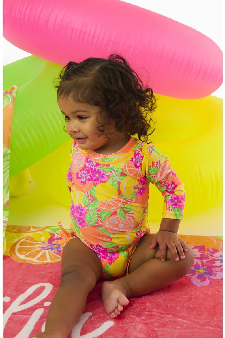 Neon Ruffle Long Sleeve UPF 50+ One-Piece Rashguard Swimsuit, Alternate, color, YELLOW