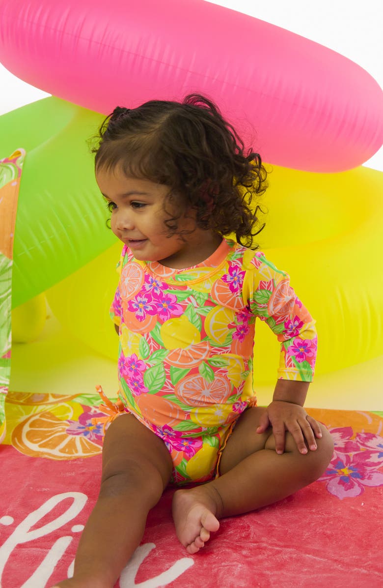 RuffleButts Neon Ruffle Long Sleeve UPF 50+ One-Piece Rashguard Swimsuit, Alternate, color, Yellow