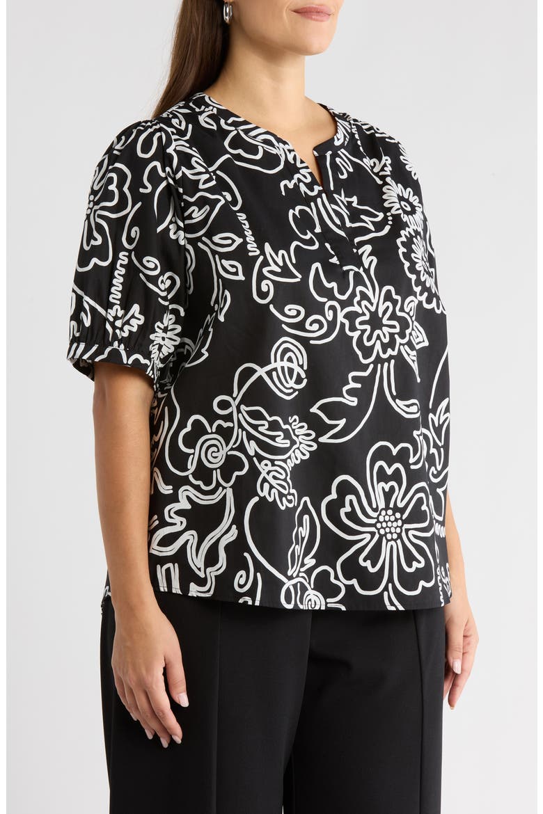 Haylie Floral Split Neck Cotton Top, Alternate, color, BLACK-WHITE-MULI