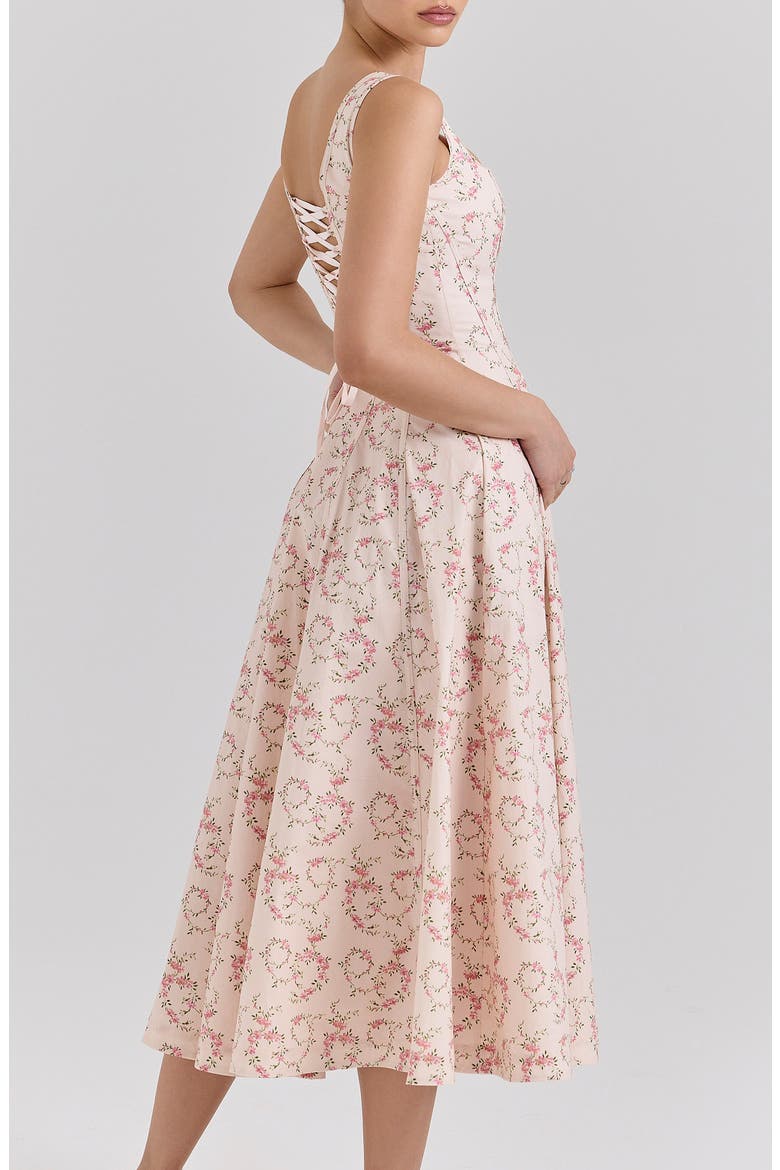 Mariabella Lace-Up Stretch Cotton Midi Dress, Alternate, color, VINTAGE FLORAL CREAM