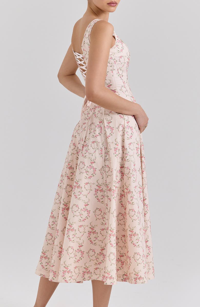 HOUSE OF CB Mariabella Lace-Up Stretch Cotton Midi Dress, Alternate, color, Vintage Floral Cream