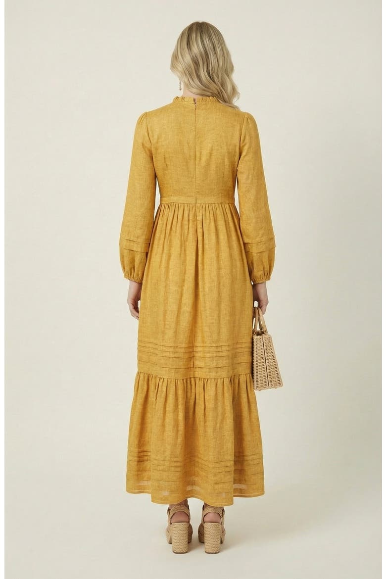 Midi Shirred Neckline Tie Front Long Sleeve Tiered Hem Dress, Alternate, color, Mustard Yellow
