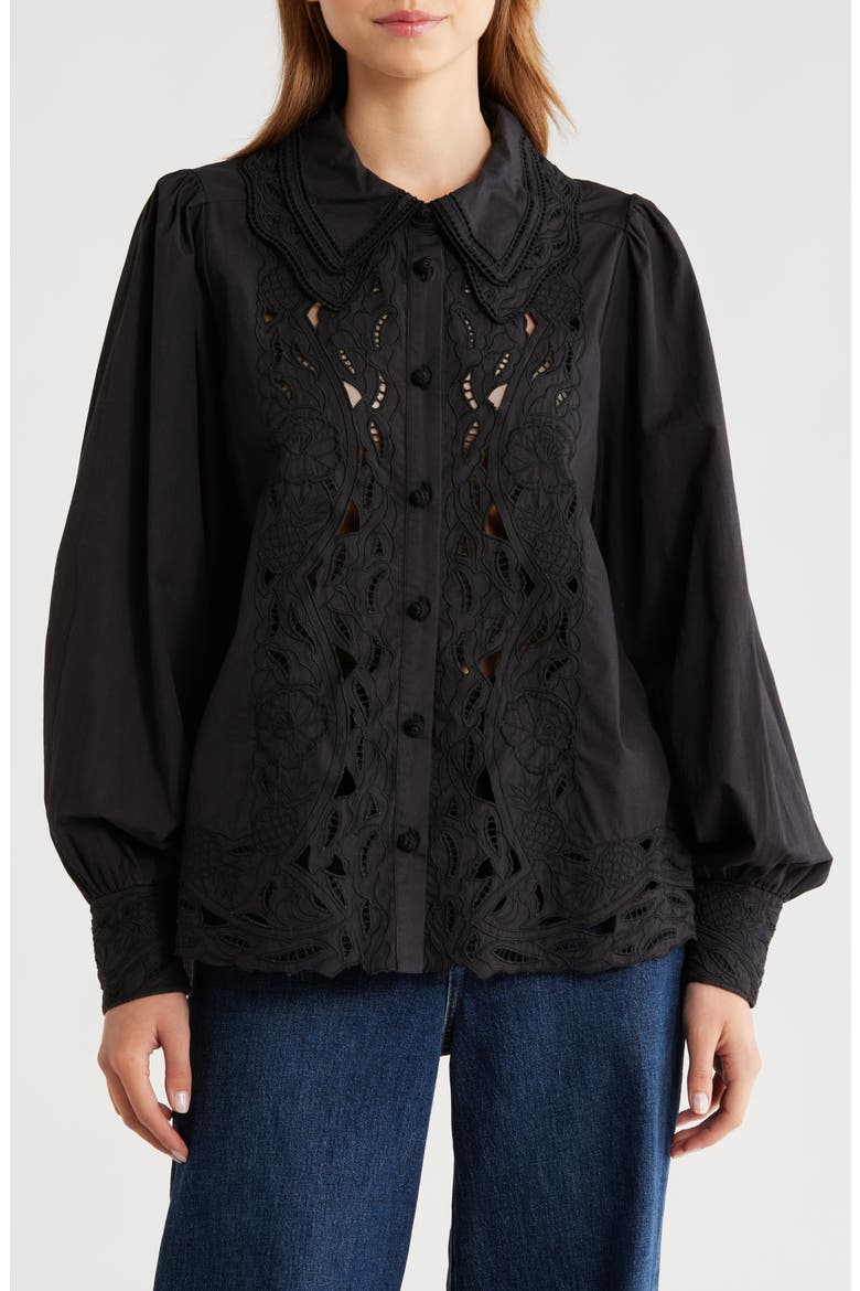 Embroidered Eyelet Puff Sleeve Button-Up Shirt, Main, color, BLACK
