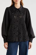 FARM Rio Embroidered Eyelet Puff Sleeve Button-Up Shirt