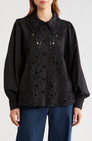 FARM Rio Embroidered Eyelet Puff Sleeve Button-Up Shirt