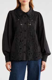 FARM Rio Embroidered Eyelet Puff Sleeve Button-Up Shirt