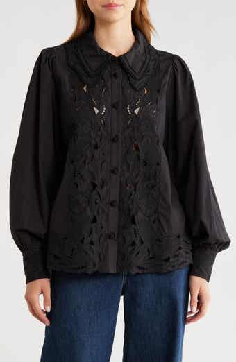 FARM Rio Embroidered Eyelet Puff Sleeve Button-Up Shirt