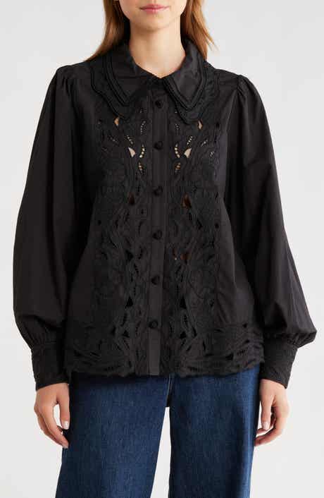 FARM Rio Embroidered Eyelet Puff Sleeve Button-Up Shirt