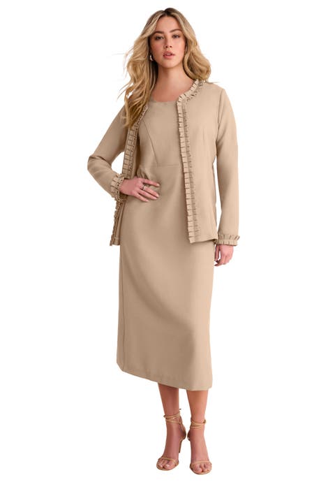 Plus Size Long Sleeve Pleated Jacket Dress Set Elegant 2 Piece Sheath Suit