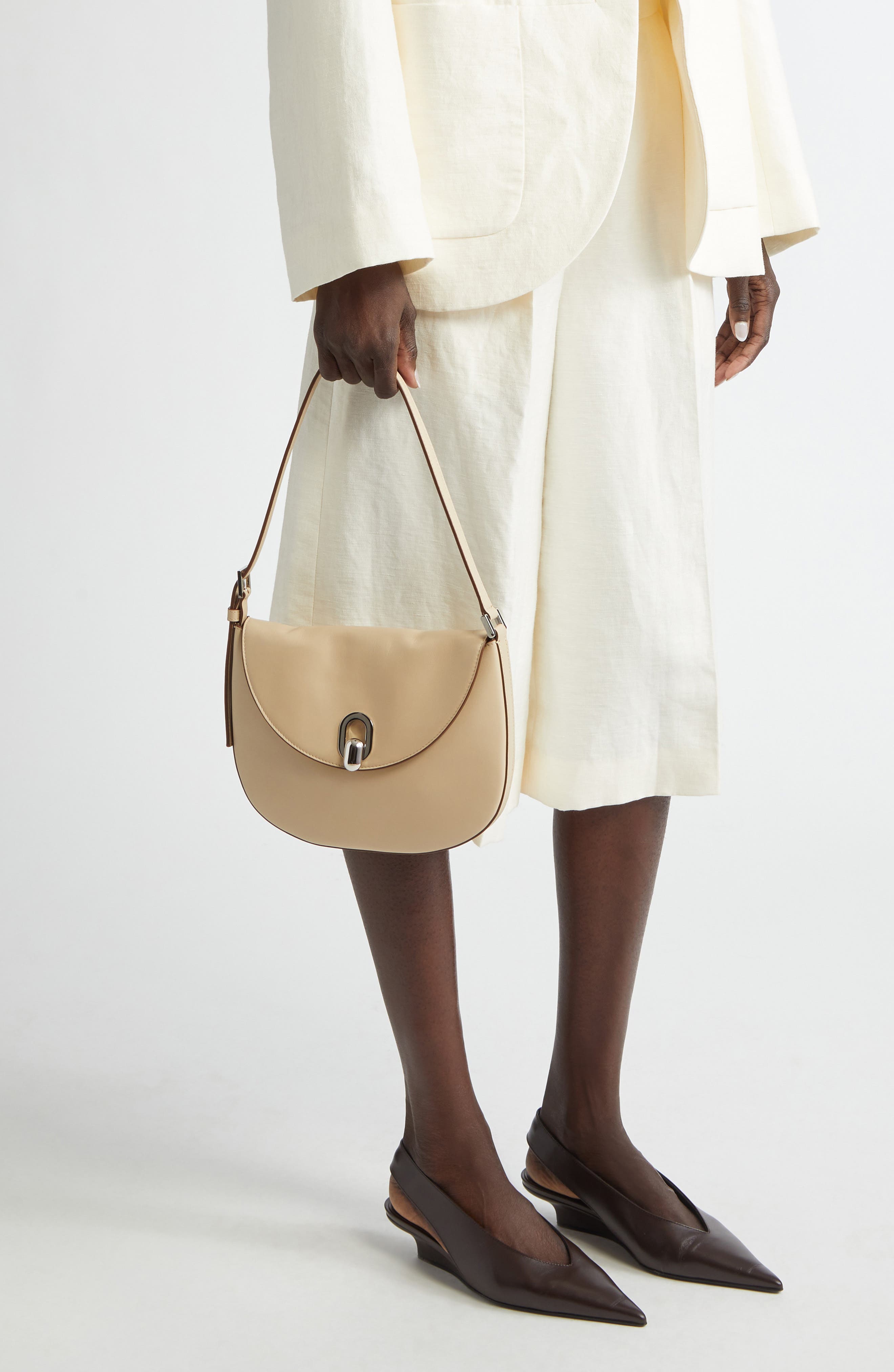 SAVETTE Small Tondo Leather Hobo Bag, Alternate, color, Bone