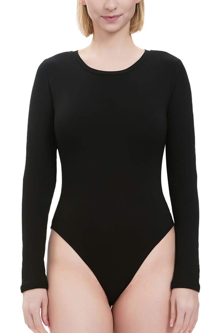 Round Neck Long Sleeve Bodysuit, Main, color, Black
