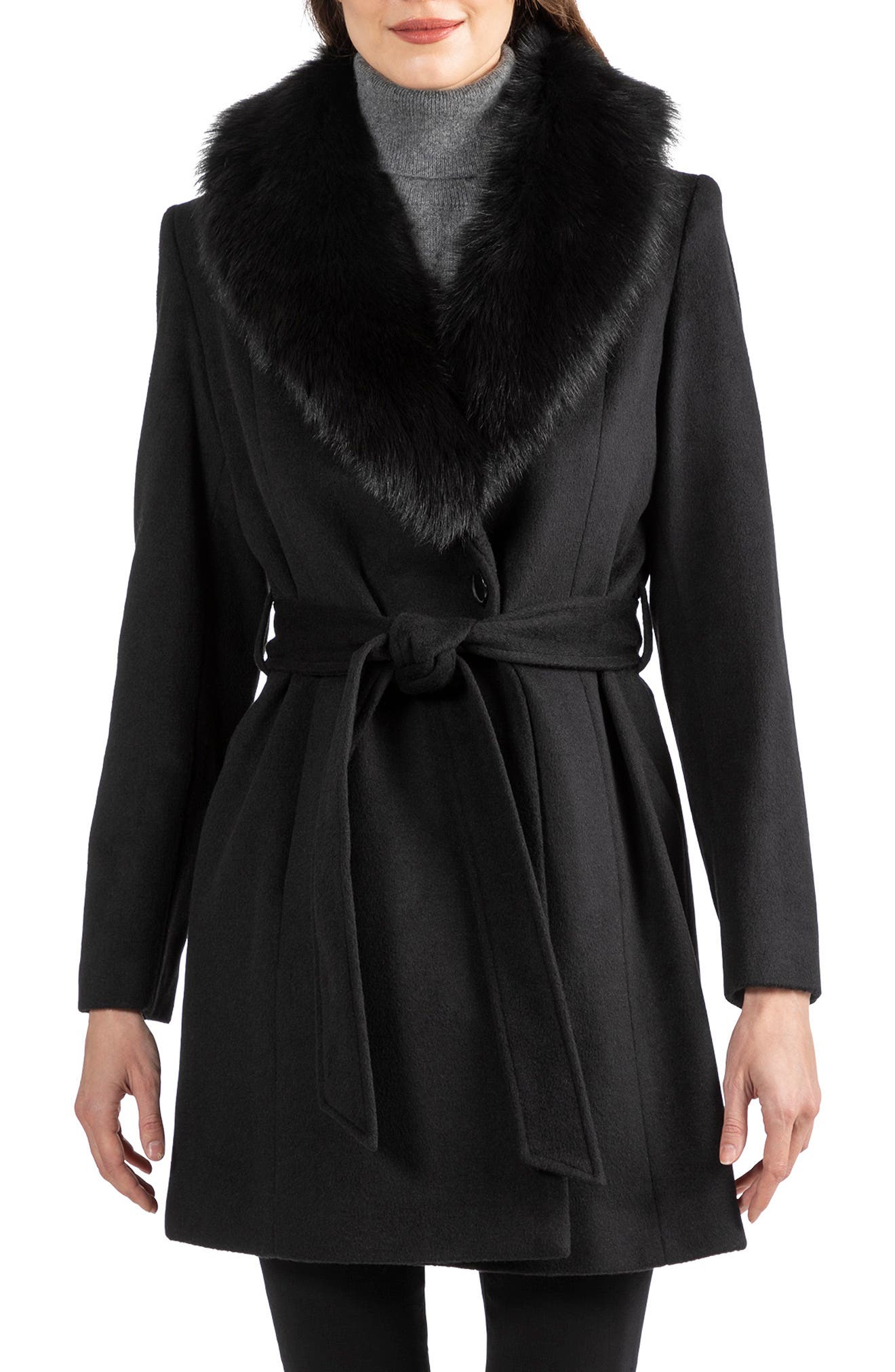Sofia Cashmere Toscana Genuine Lamb Shearling Collar Wool Blend Coat