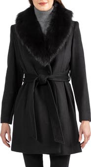 Sofia Cashmere Toscana Genuine Lamb Shearling Collar Wool Blend Coat