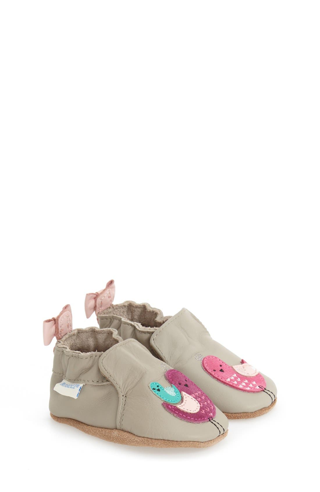 Robeez 'Peaceful Partridge Moccasin' Crib Shoe, Main, color, GREY LEATHER
