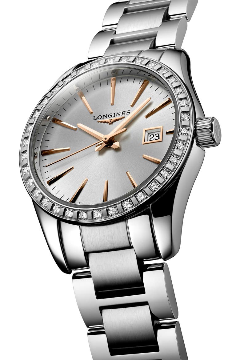 Conquest Classic Diamond Bracelet Watch, 29mm, Alternate, color, SILVER