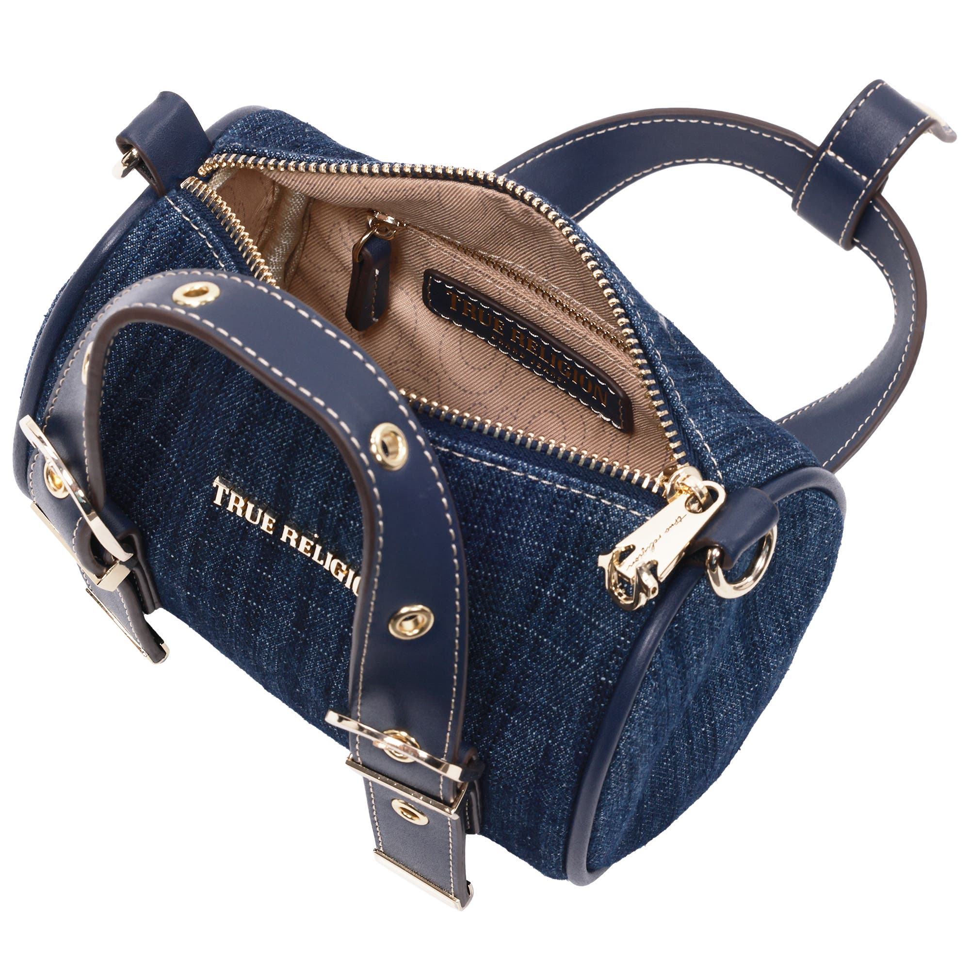 True Religion Denim Buckle Strap Mini Satchel, Alternate, color, Dark Denim
