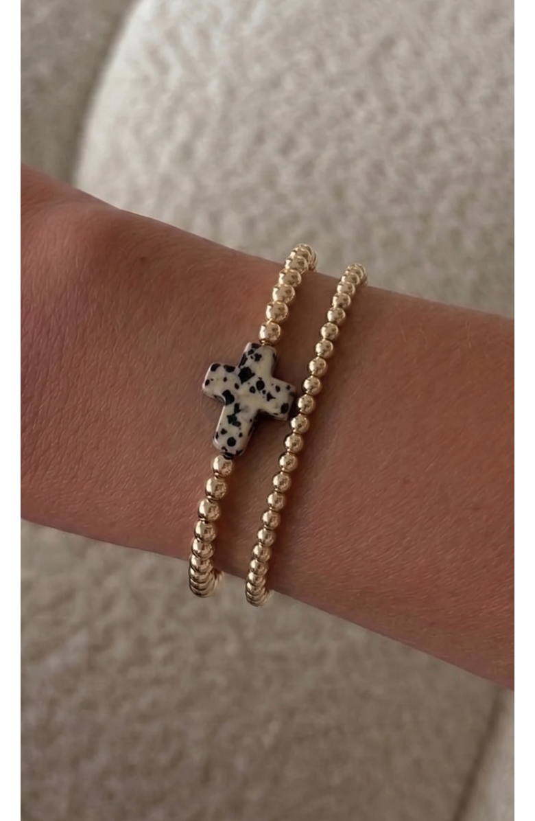 CUFFED BY NANO speckled cross juno 14k gold filled bead bracelet two stack, Alternate, color, Gold