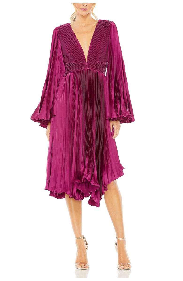 Mac Duggal Pleated V-Neck Flare Sleeve Dress, Main, color, Berry
