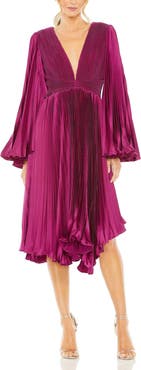 Mac Duggal Pleated V-Neck Flare Sleeve Dress